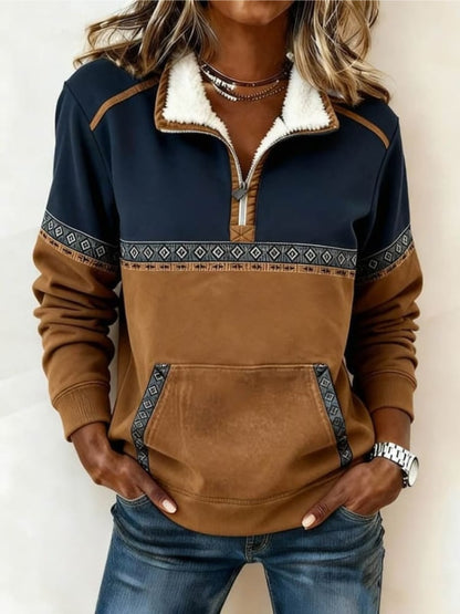 Fleece Jumper for Women, Half Zip Aztec Pullover with Sherpa 2