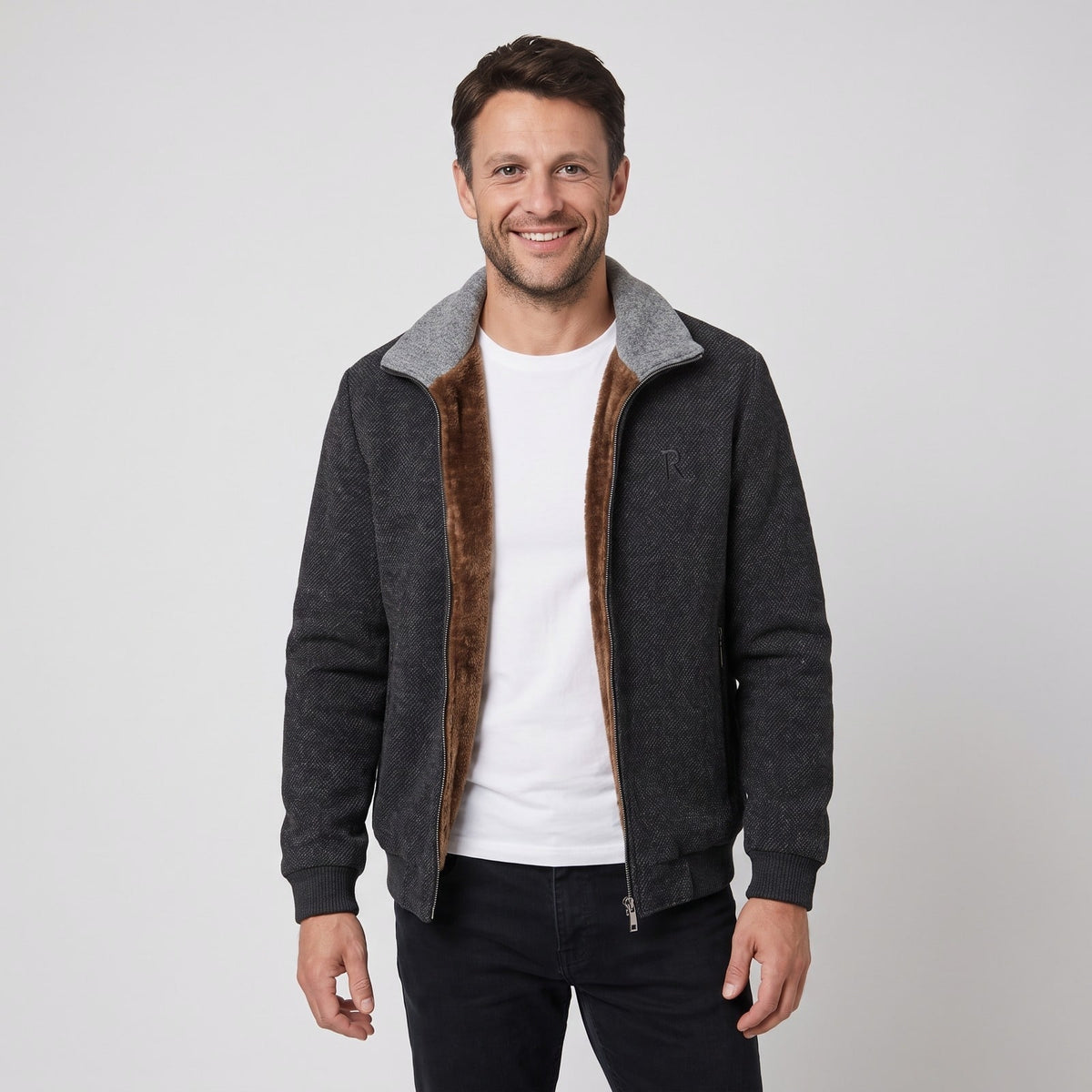 Charcoal fleece lined textured zip jacket with contrasting collar