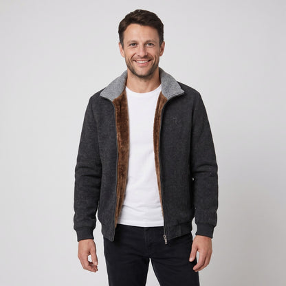 Charcoal fleece lined textured zip jacket with contrasting collar