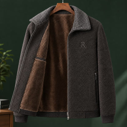 Grey brown fleece lined textured zip jacket