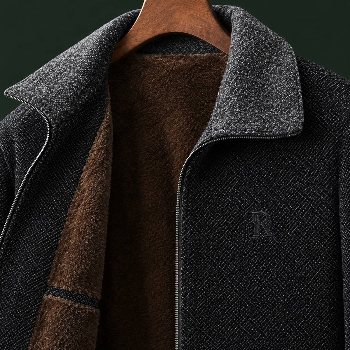 Fleece lined jacket close up of the textured finish and collar