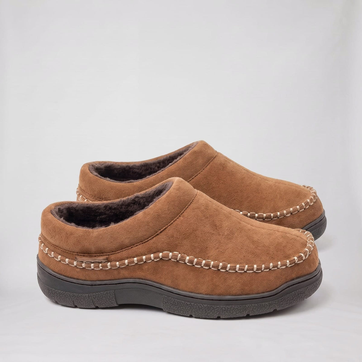 Brown suede look fleece lined slip on slippers