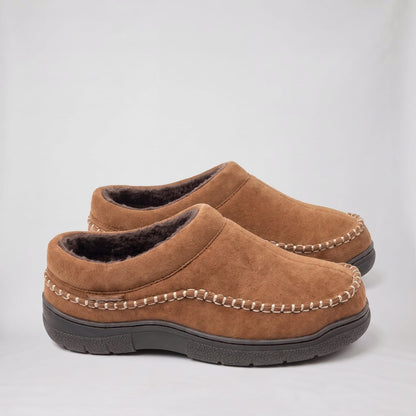 Brown suede look fleece lined slip on slippers