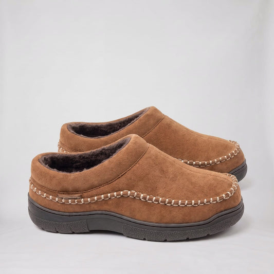 Brown suede look fleece lined slip on slippers
