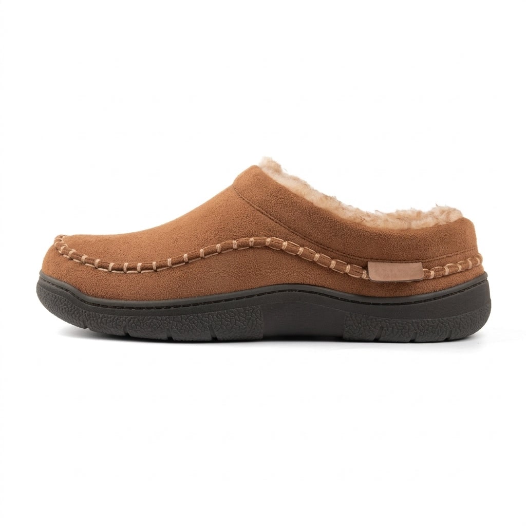 Brown fleece lined slipper, side view