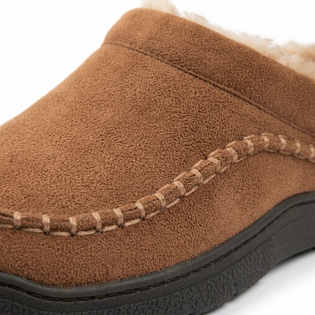 Brown suede look slipper, close up of the contrast stitching