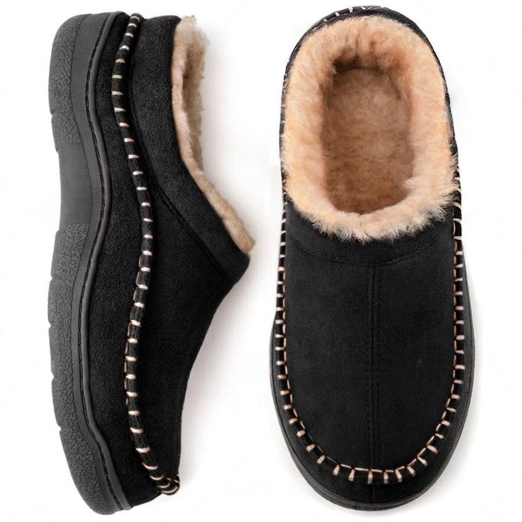 Black fleece lined slippers, top and side view
