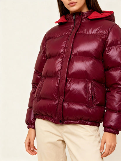Women's Glossy Quilted Winter Coat with Hood, Puffer 6