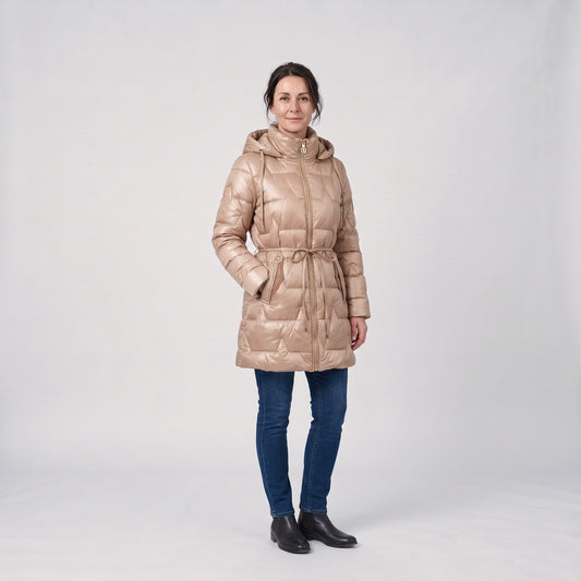 Glossy Quilted Jacket, Longline Winter Coat with Hood and Star Stitching