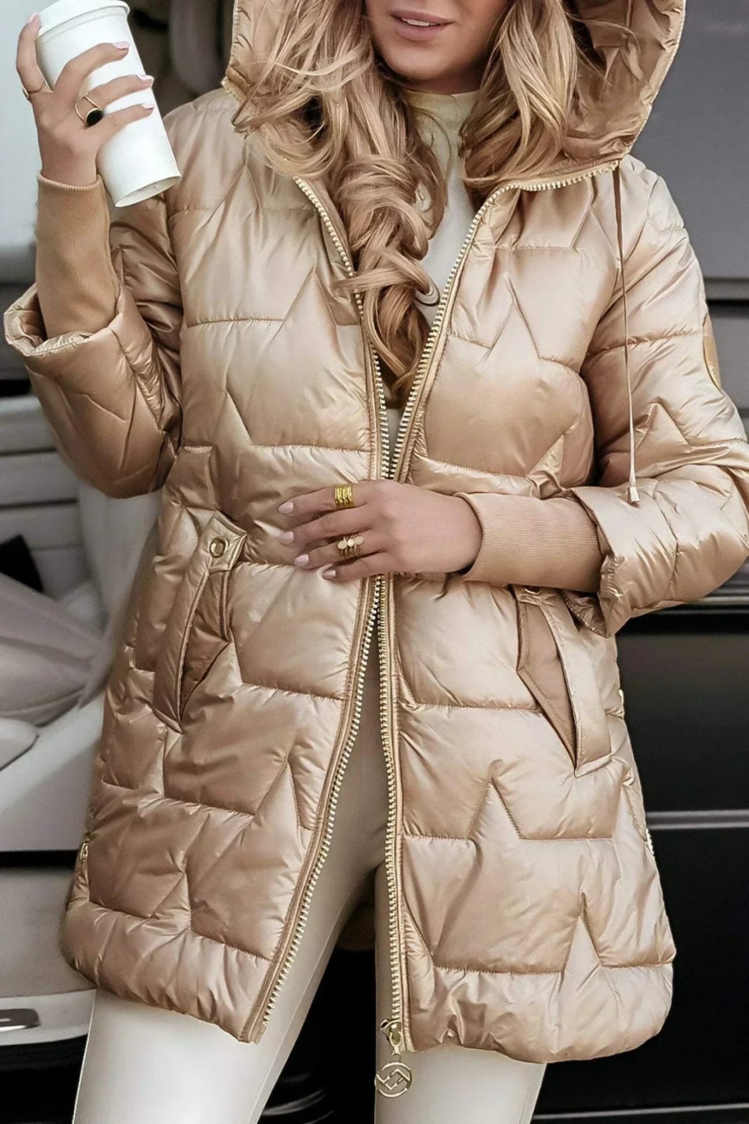 Women's Quilted Winter Coat with Hood, Glossy Longline 2