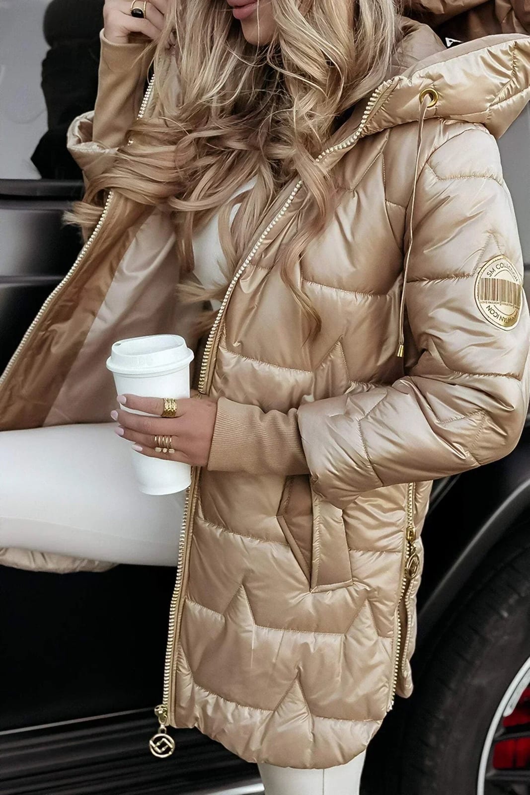 Women's Quilted Winter Coat with Hood, Glossy Longline 4