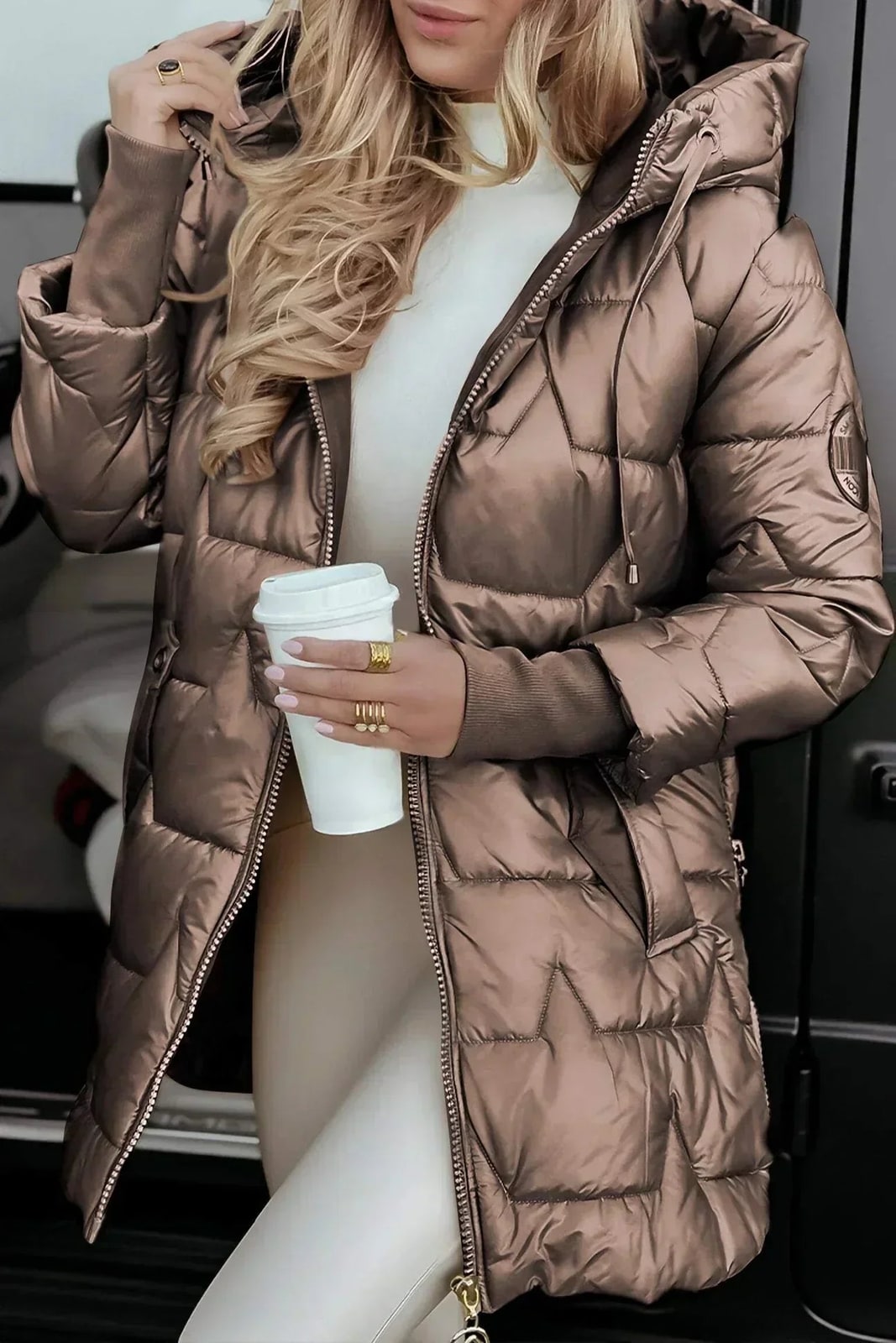 Women's Quilted Winter Coat with Hood, Glossy Longline 5