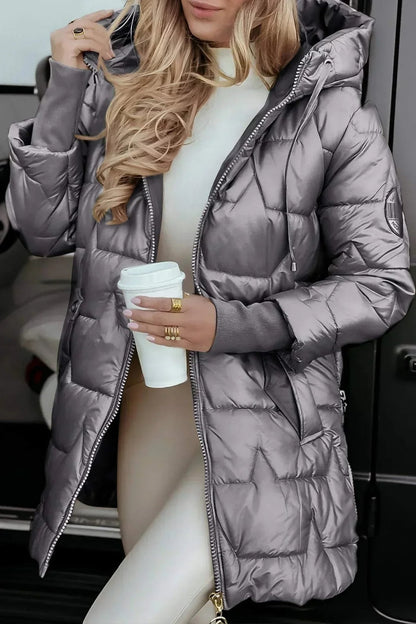 Women's Quilted Winter Coat with Hood, Glossy Longline 6