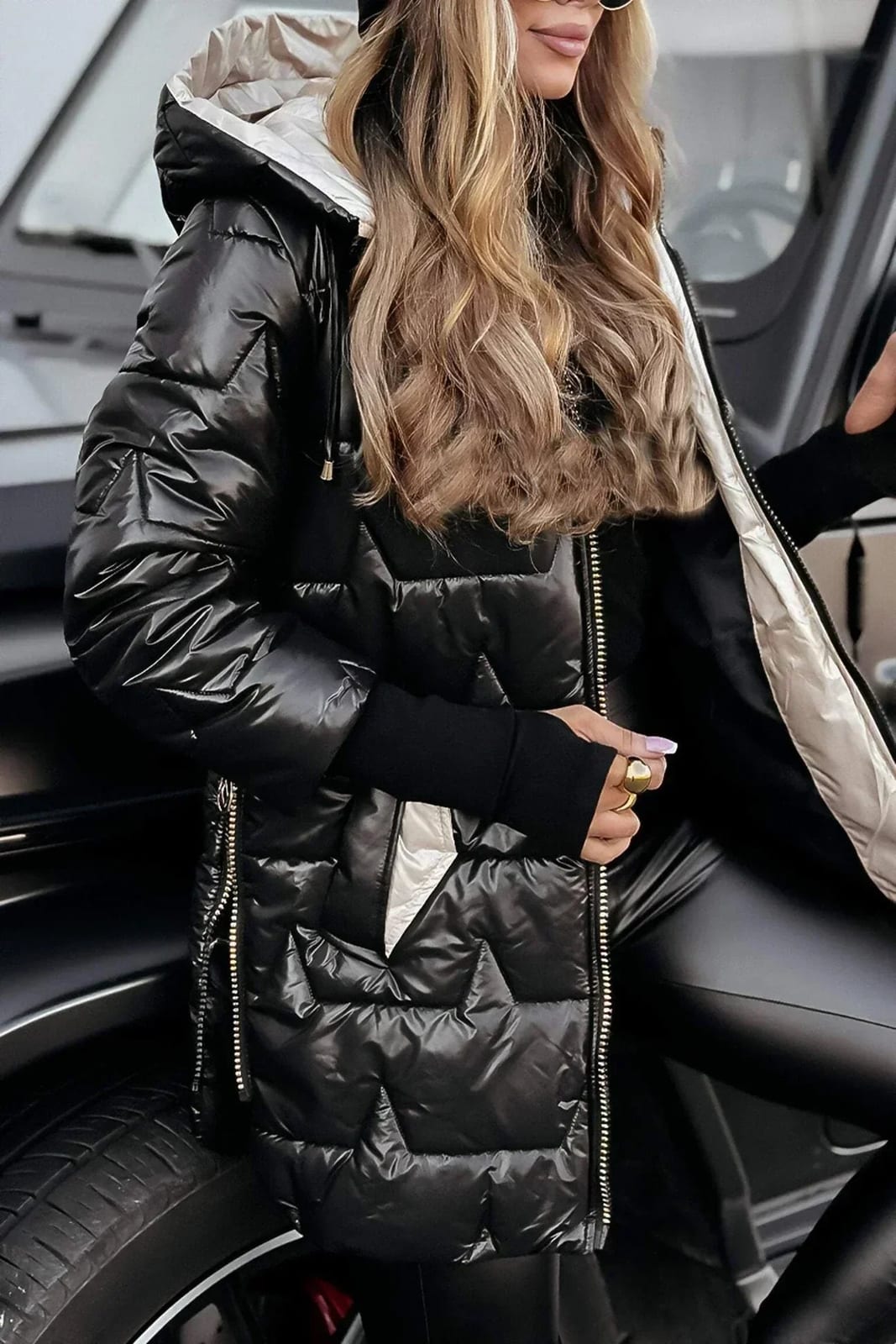 Women's Quilted Winter Coat with Hood, Glossy Longline 8