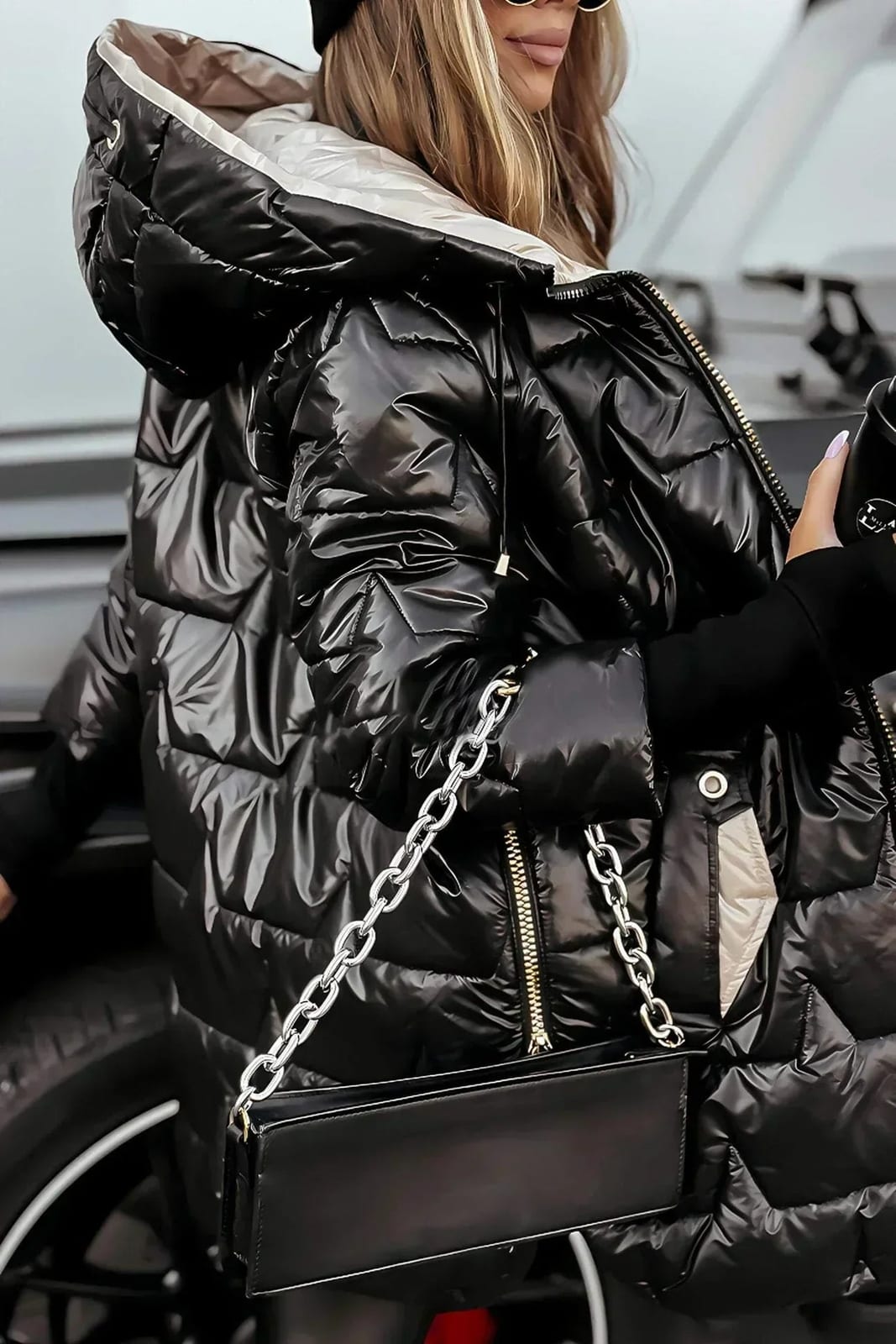 Women's Quilted Winter Coat with Hood, Glossy Longline 9