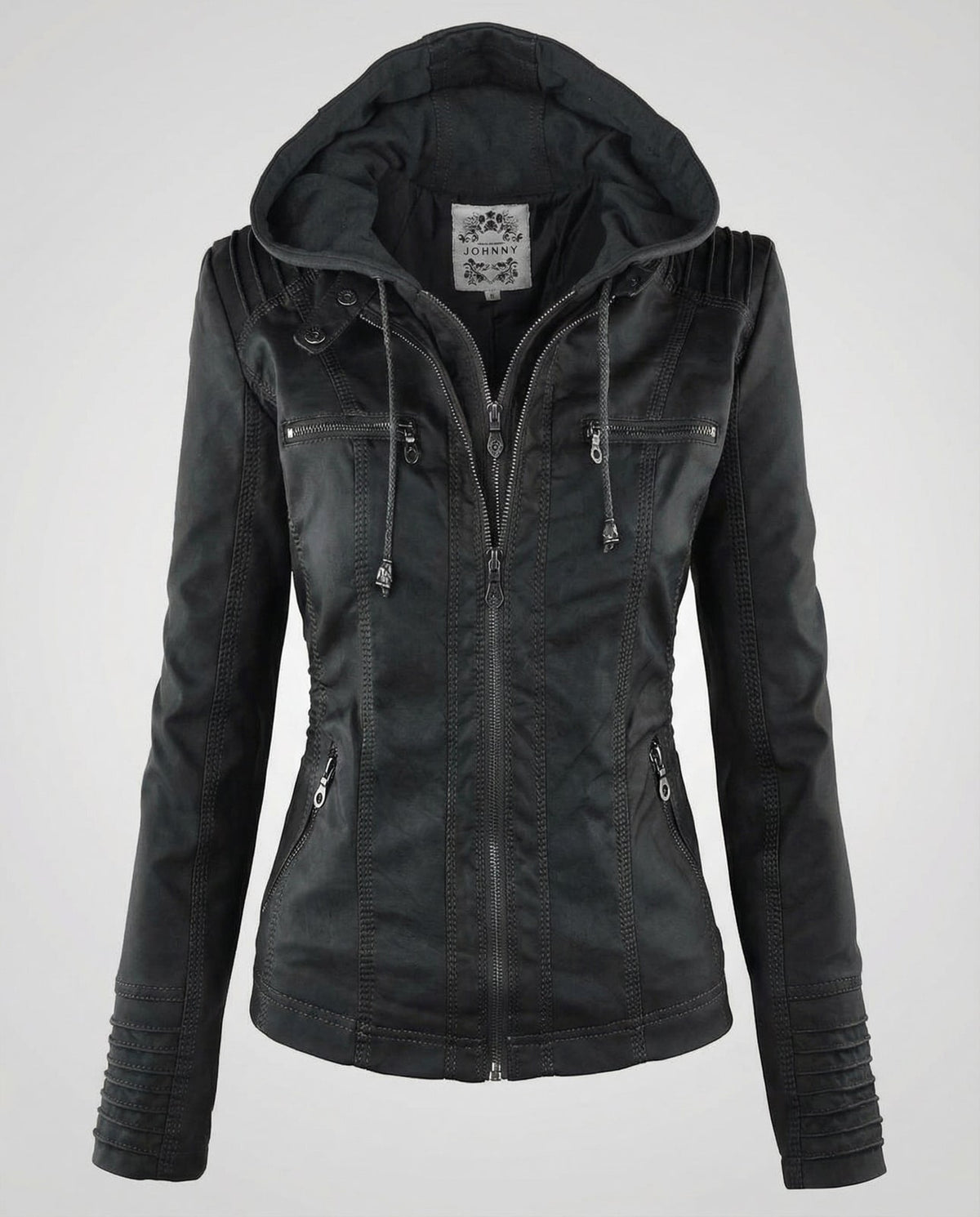 Black hooded faux leather jacket, front view