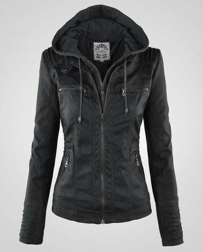 Black hooded faux leather jacket, front view