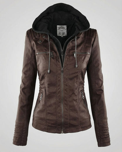 Brown hooded faux leather jacket, front view