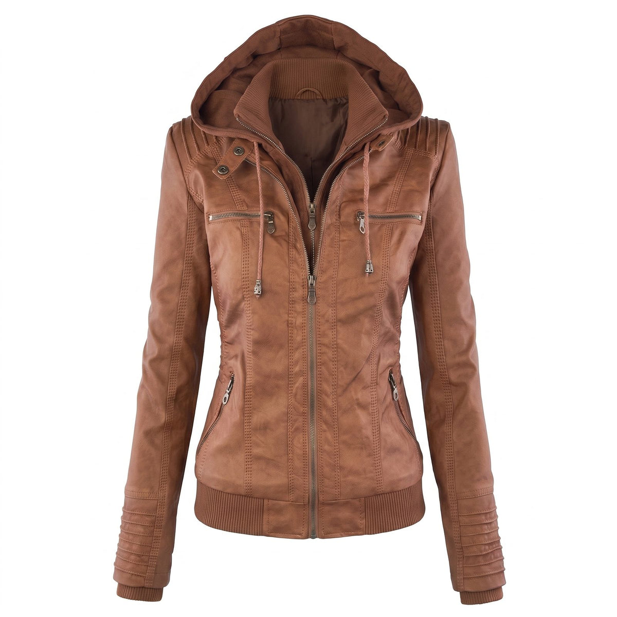 Camel hooded faux leather jacket, front view