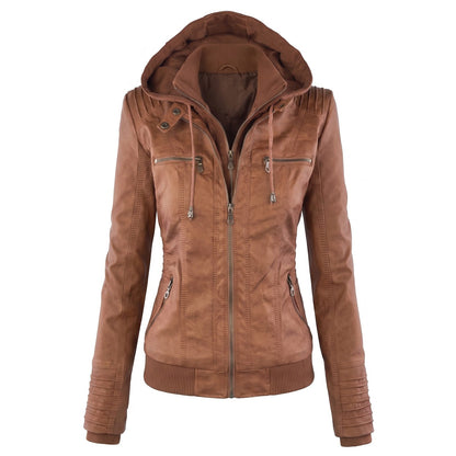 Camel hooded faux leather jacket, front view