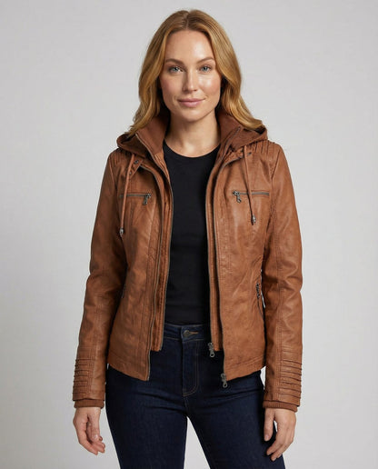 Camel hooded faux leather jacket worn with jeans