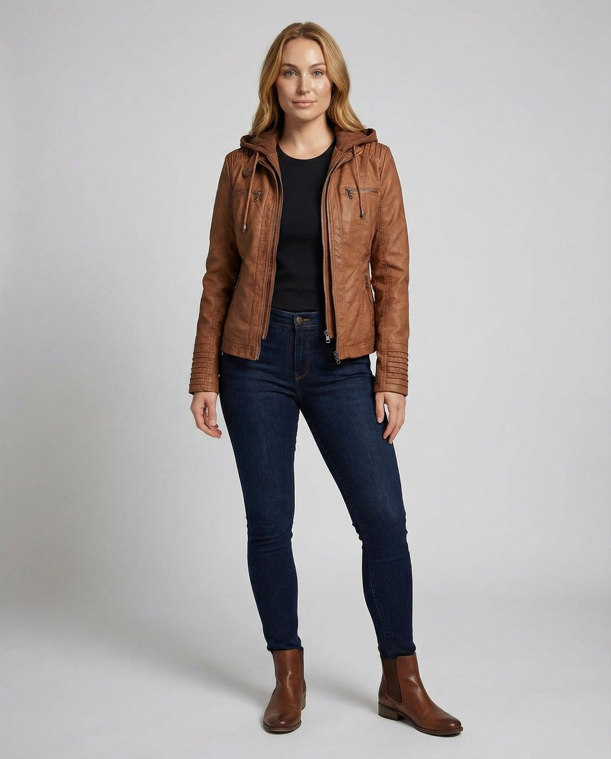 Camel hooded faux leather jacket, full length view