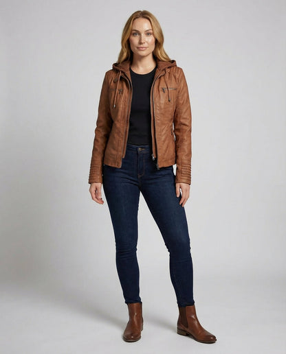 Camel hooded faux leather jacket, full length view
