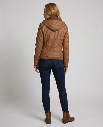 Camel hooded faux leather jacket, back view