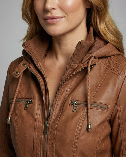 Camel hooded faux leather jacket, pocket and hood detail