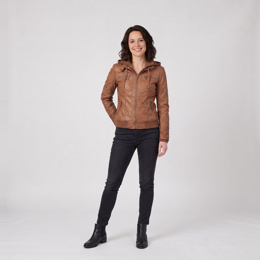 Woman wearing the hooded faux leather jacket