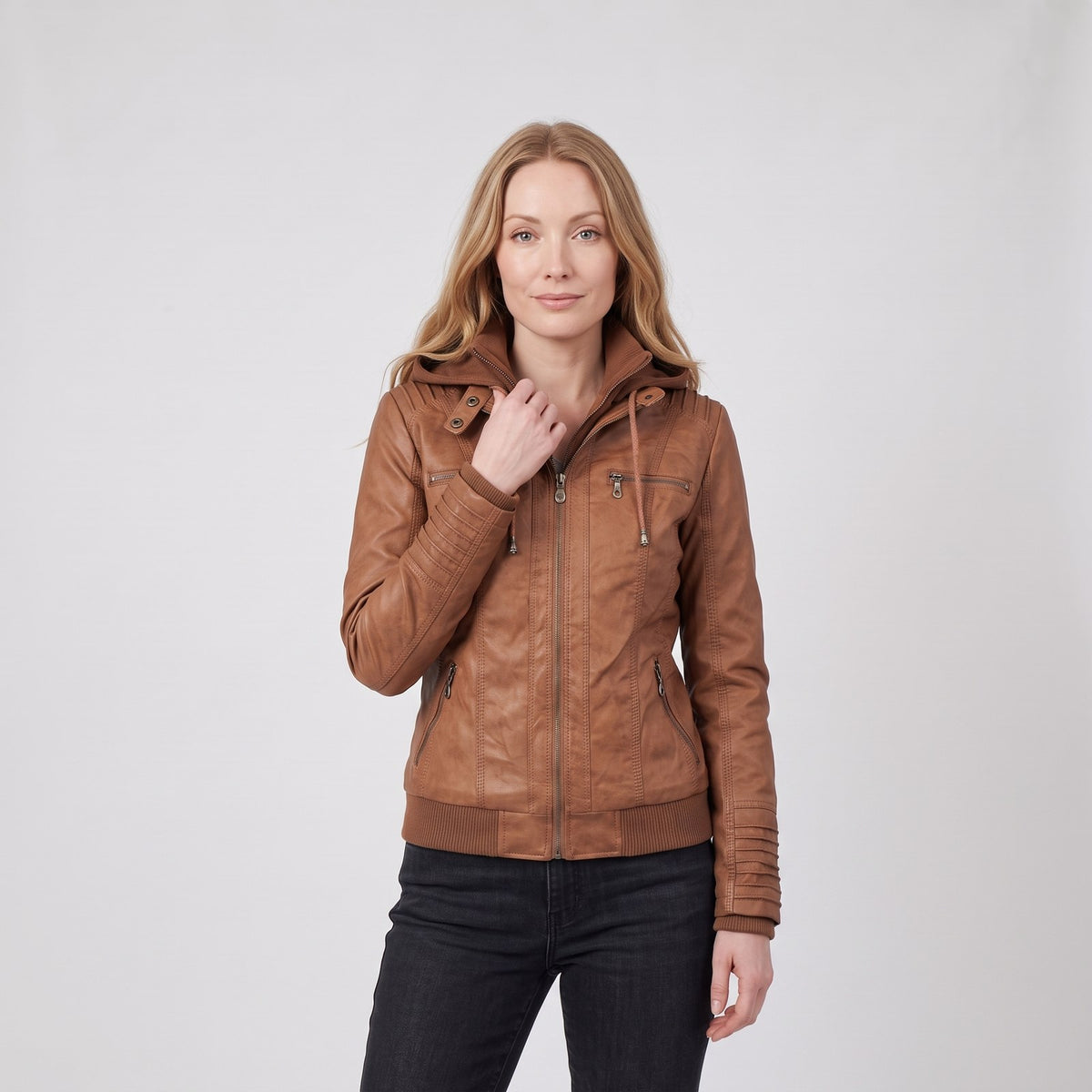 Waterproof Faux Leather Jacket with Hood, Lined Women's Jacket