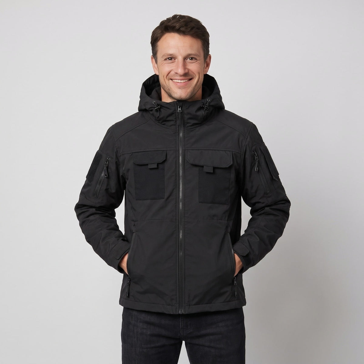 Black fleece lined hooded utility jacket with chest flap pockets