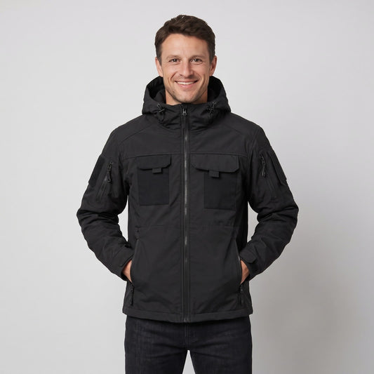 Black fleece lined hooded utility jacket with chest flap pockets