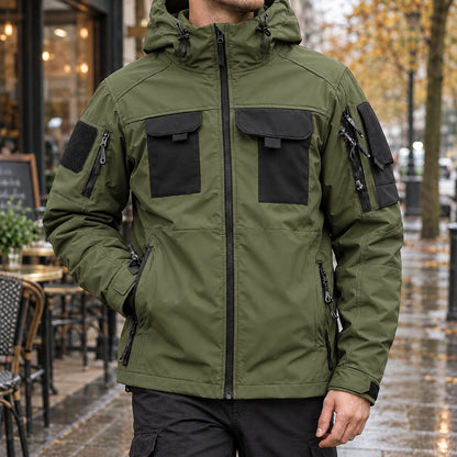 Army green hooded utility jacket with drawstring hood