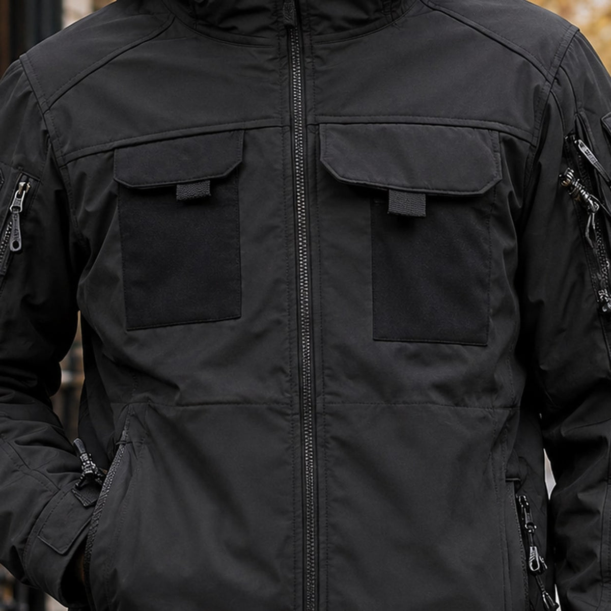 Hooded utility jacket close up of the hood and zip