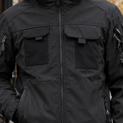 Hooded utility jacket close up of the hood and zip