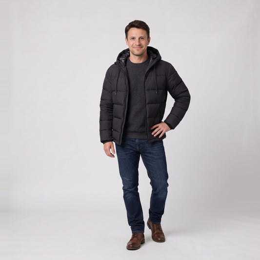 Man wearing the insulated hooded puffer jacket with drawstring hood