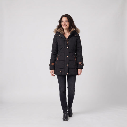 Woman wearing the hooded quilted winter coat
