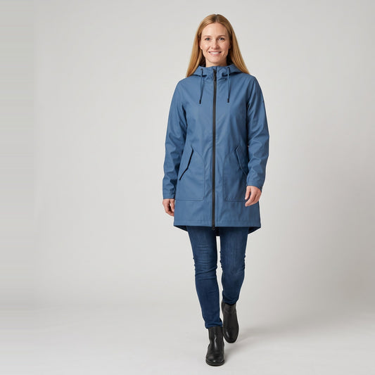 Woman wearing the hooded rain coat