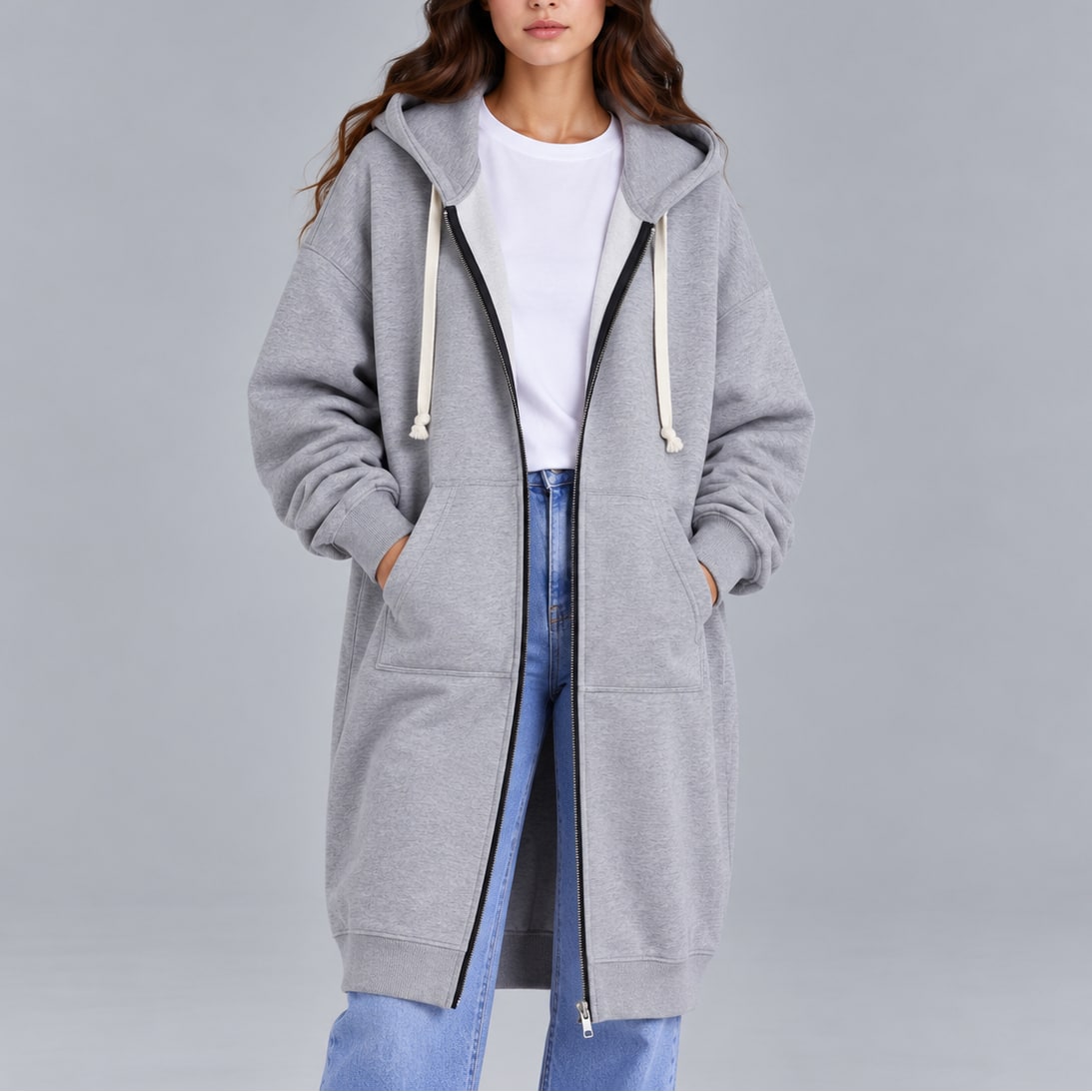 Hoodie Long Oversized Zip-Up Hooded Sweatshirt Coat 2
