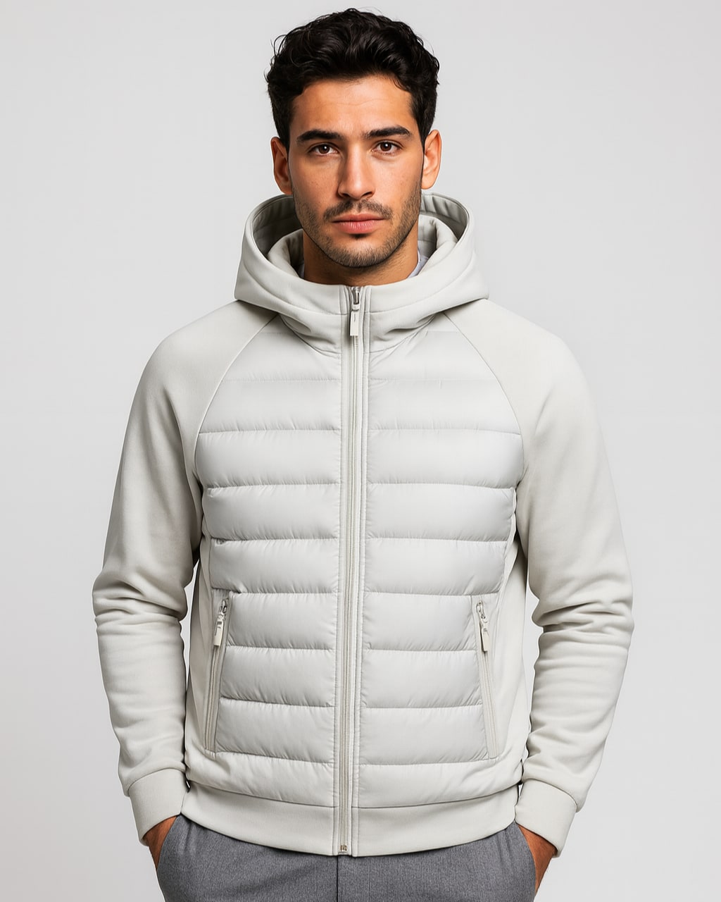 Hooded Puffer Jacket for Men with Softshell Sleeves 4