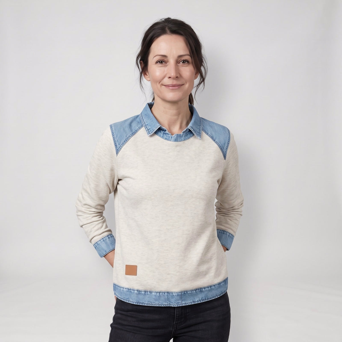 Fleece Sweatshirt with Denim Collar, Layered Look Jumper 1