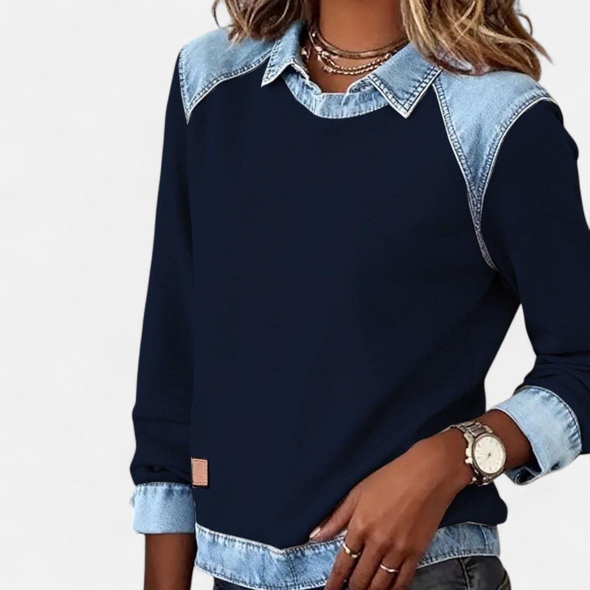 Fleece Sweatshirt with Denim Collar, Layered Look Jumper 2