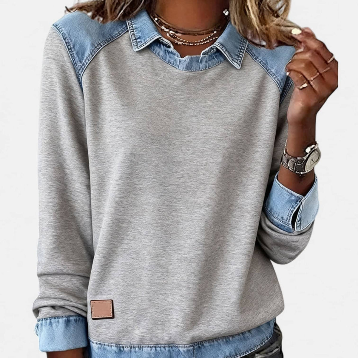 Fleece Sweatshirt with Denim Collar, Layered Look Jumper 3