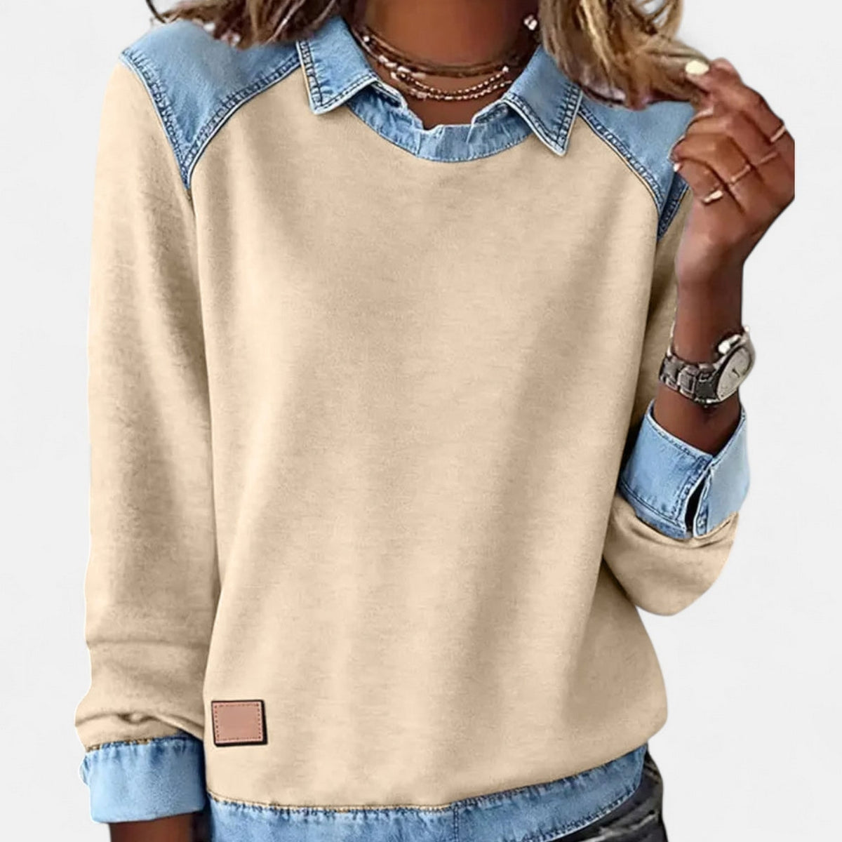 Fleece Sweatshirt with Denim Collar, Layered Look Jumper 4
