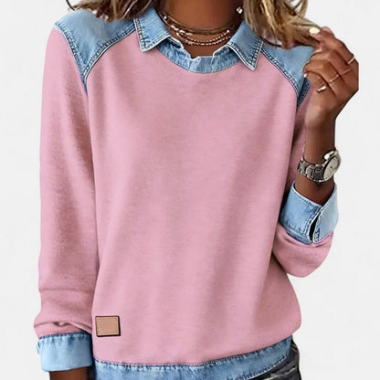 Fleece Sweatshirt with Denim Collar, Layered Look Jumper 5