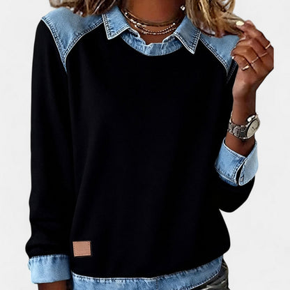 Fleece Sweatshirt with Denim Collar, Layered Look Jumper 6