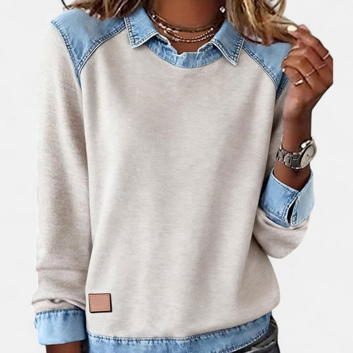 Fleece Sweatshirt with Denim Collar, Layered Look Jumper 7