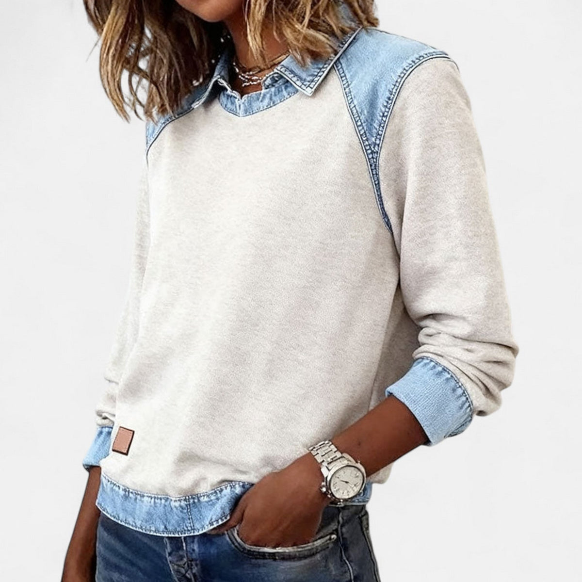 Fleece Sweatshirt with Denim Collar, Layered Look Jumper 8