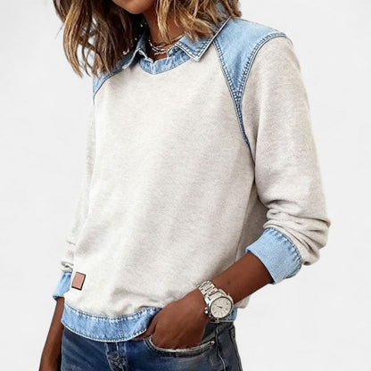 Fleece Sweatshirt with Denim Collar, Layered Look Jumper 8